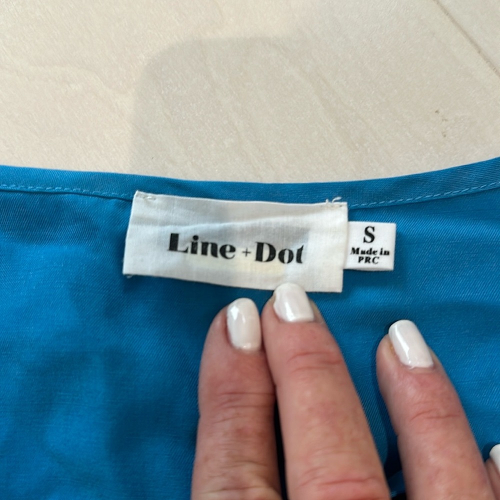 Line + Dot Blue Peasant Blouse with White Embroidered Design Size Small - Picture 2 of 5